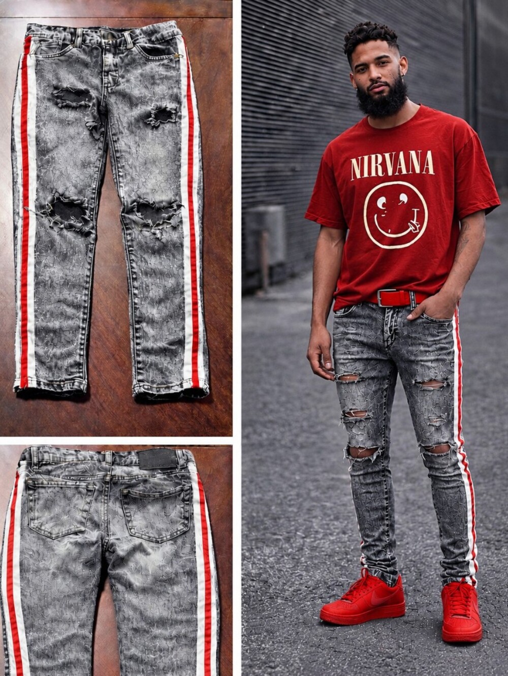 Rue21 Acid Wash Skinny Jeans – Distressed, Red Side Stripe